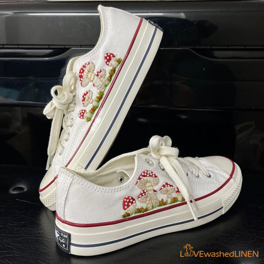 Embroidered Shoes - Embroidered Mushrooms - Flowers Embroidered Low Tops Shoes - Mushrooms Embroidered Shoes