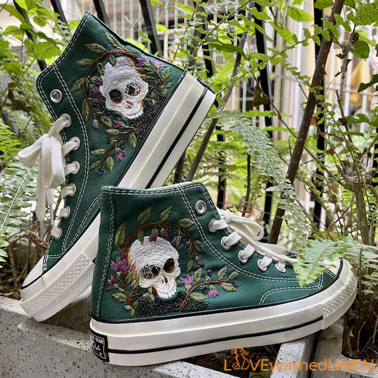 Custom Sneakers Embroidered Custom - Sugar Skull Embroidered Shoes - Impressive Artist Skull Embroidered Sneaker Custom