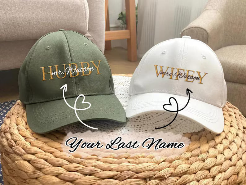 Wifey Hubby Custom last name Embroidered Cap, Personalized Couple Hat, Custom Family Cap, Embroidered Hat, Family Couple Gift, Mr Mrs Cap