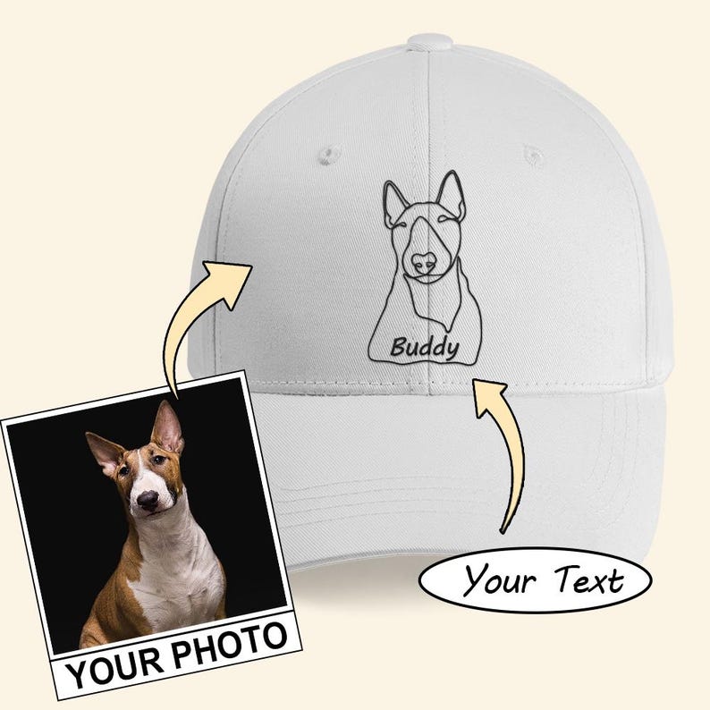 Personalized One Line Sketch Outline Embroidered Cap With Your Pet Photo and Name, Custom Dog Dad Hat, Pet Face Cap, Cat Portrait Hat