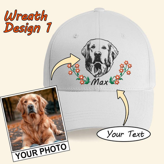 Personalized Embroidered Hat With Your Pet Photo Outline and Name, Custom Pet Face Cap with Wreath,Personalized Dog Dad Hat,Cat Portrait Hat