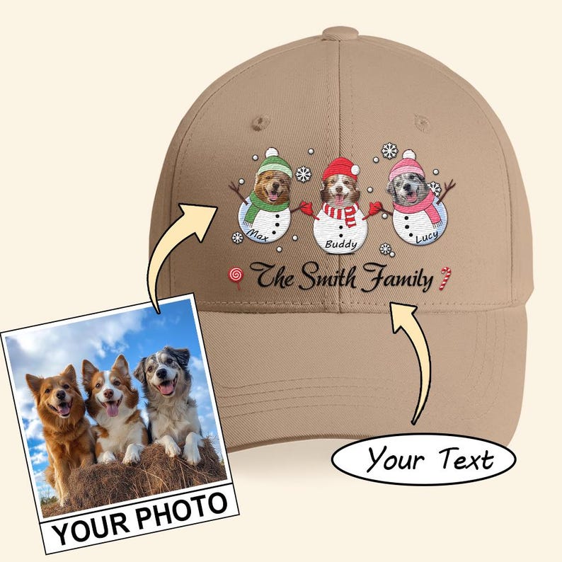 Snowman Family Pet Christmas Custom Photo Embroidered Cap, Personalized Pet Photo and Name, Personalized Dog Dad Hat, Xmas Pet Face Cap